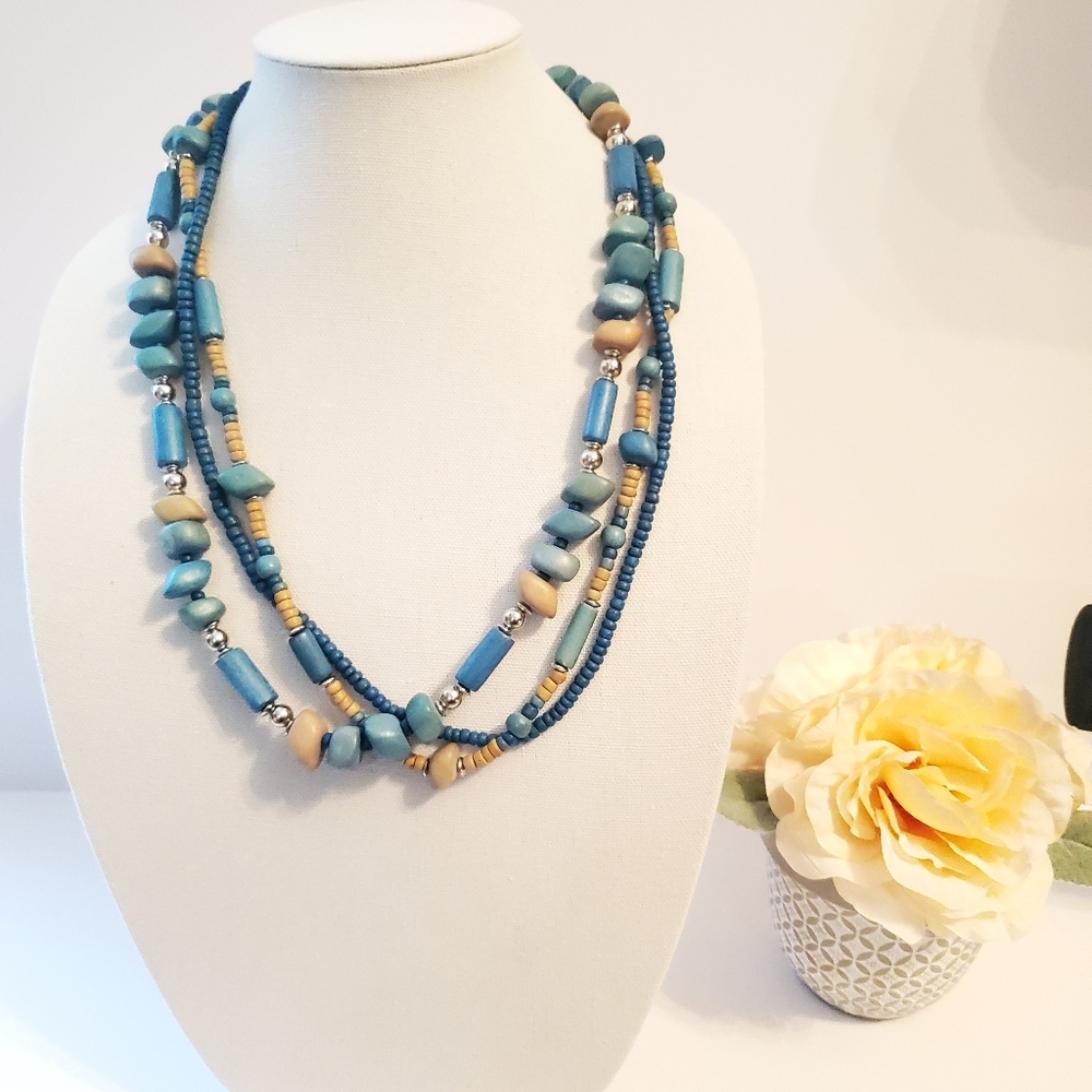 Blue and Light Brown 3 Stand Necklace